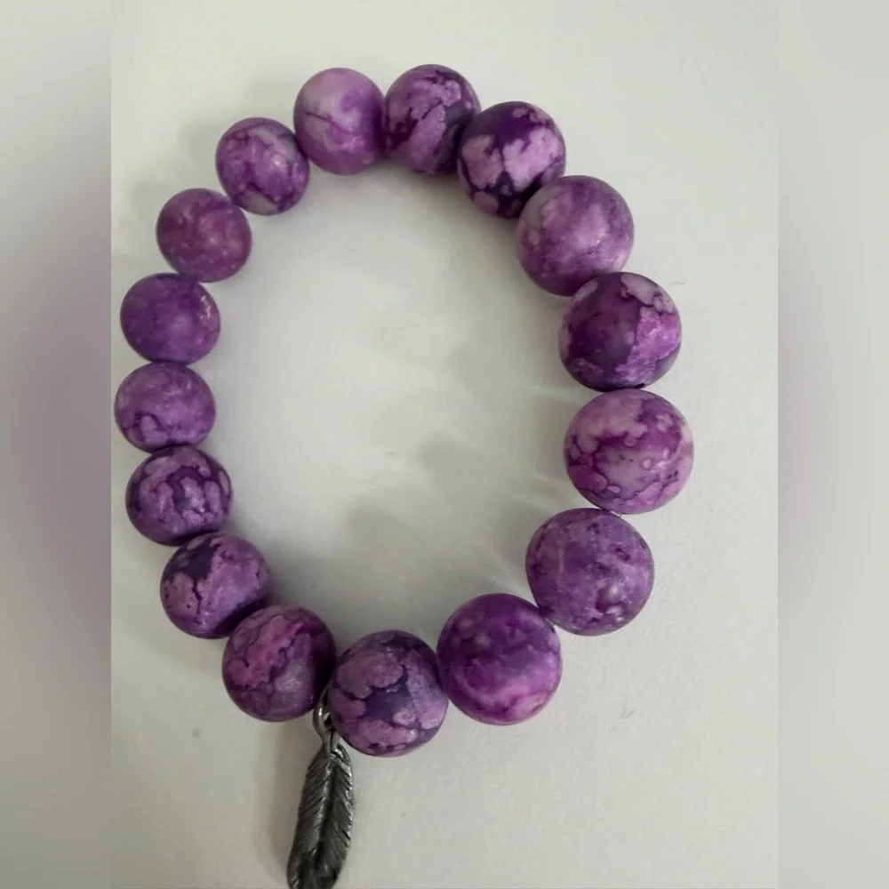 Purple Beaded Bracelet with Feather Charm
